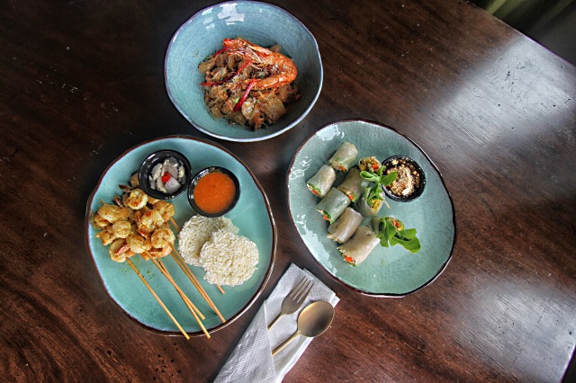 lunch - satay prawn skewers, prawn pomelo salad and rice paper rolls